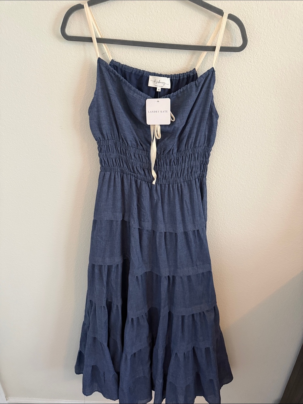In February Blue Tiered Sundress with Cream Straps